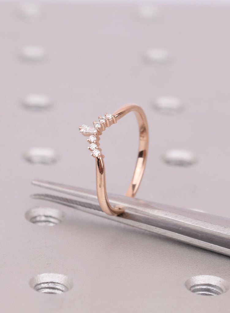 Baguette Diamond Curved Wedding Band, Art Deco Curved Wedding Ring For Women, Unique Stacking Band, Chevron Matching Band, Anniversary Gift image #5