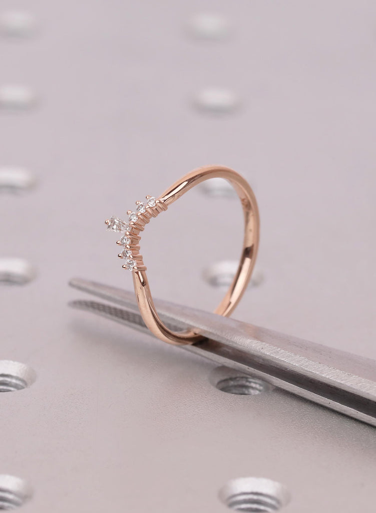 Baguette Diamond Curved Wedding Band, Art Deco Curved Wedding Ring For Women, Unique Stacking Band, Chevron Matching Band, Anniversary Gift image #6