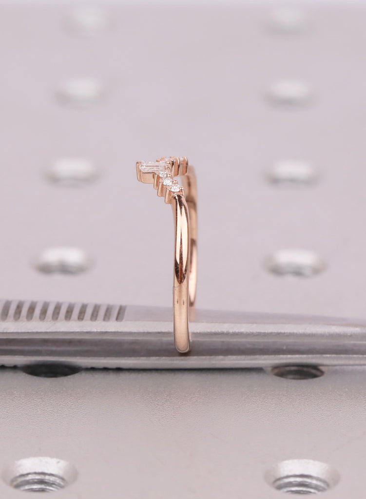 Curved Wedding Band with Baguette and Round Accent Stones , Unique Tiara Stacking Ring and Contoured Bridal Band image #10