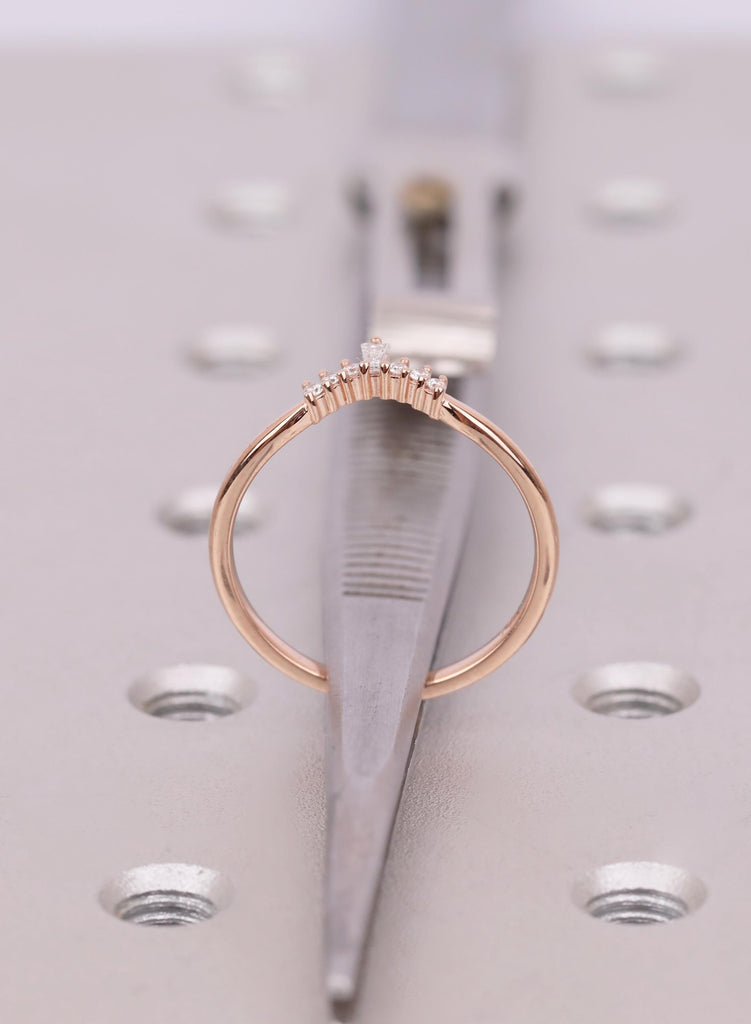 Baguette Diamond Curved Wedding Band, Art Deco Curved Wedding Ring For Women, Unique Stacking Band, Chevron Matching Band, Anniversary Gift image #8
