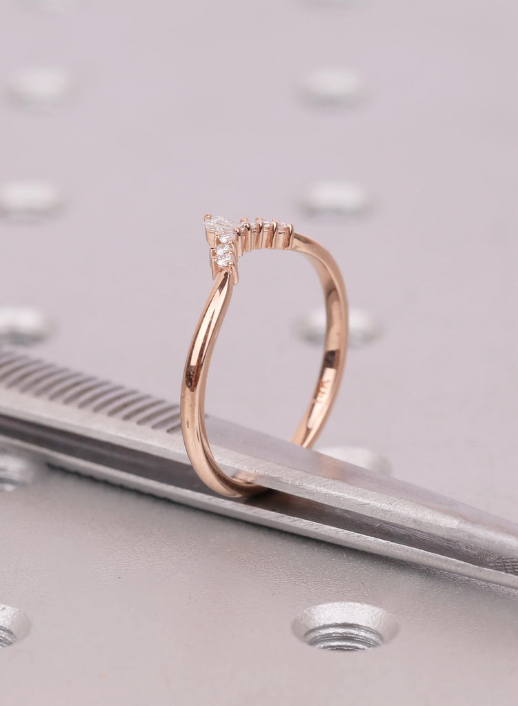 Baguette Diamond Curved Wedding Band, Art Deco Curved Wedding Ring For Women, Unique Stacking Band, Chevron Matching Band, Anniversary Gift image #9