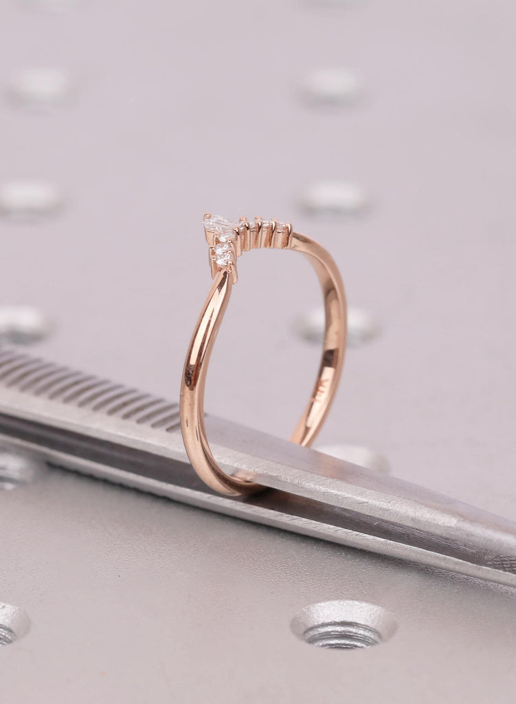 Curved Wedding Band with Baguette and Round Accent Stones , Unique Tiara Stacking Ring and Contoured Bridal Band image #9