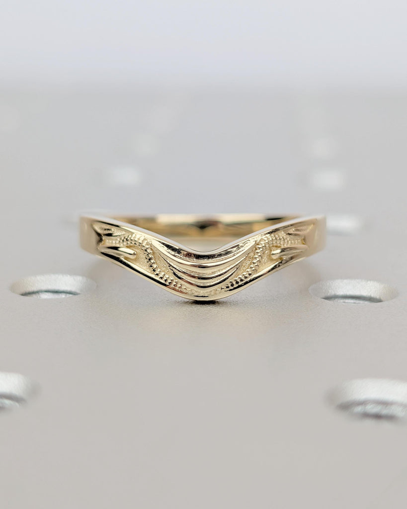 Curved Wedding Band Women, Vintage Inspired 14k Yellow Gold Filigree Ring, Milgrain Stackable Rings image #12