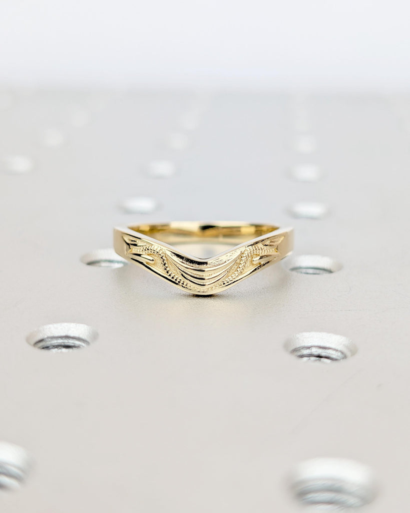 Curved Wedding Band Women, Vintage Inspired 14k Yellow Gold Filigree Ring, Milgrain Stackable Rings image #7