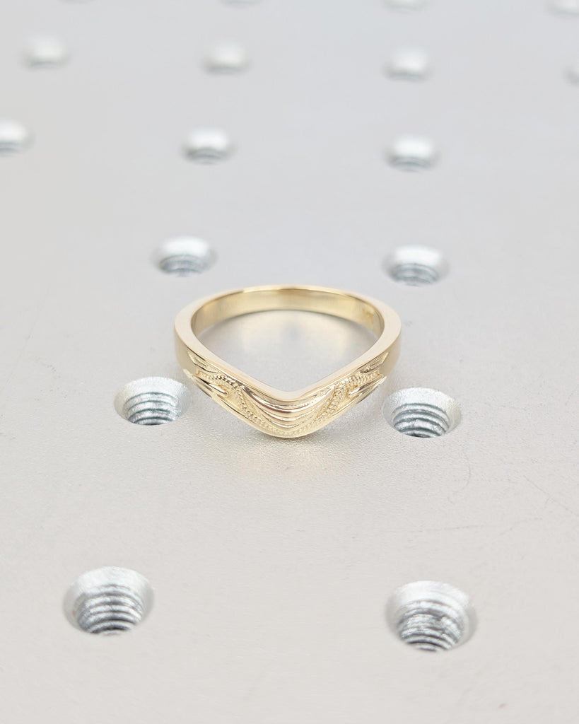 Curved Wedding Band Women, Vintage Inspired 14k Yellow Gold Filigree Ring, Milgrain Stackable Rings image #2