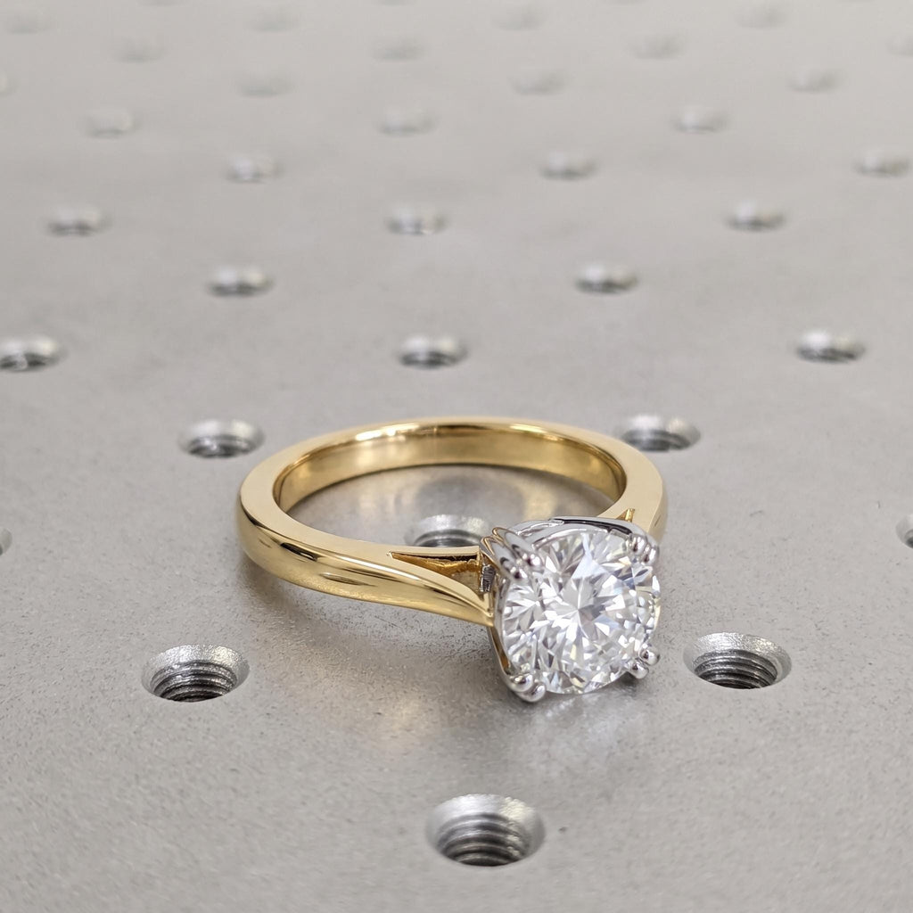 Two-Tone Moissanite Engagement Ring, Cathedral Solitaire, 4 Prong Setting, 14K/18K Gold image #3