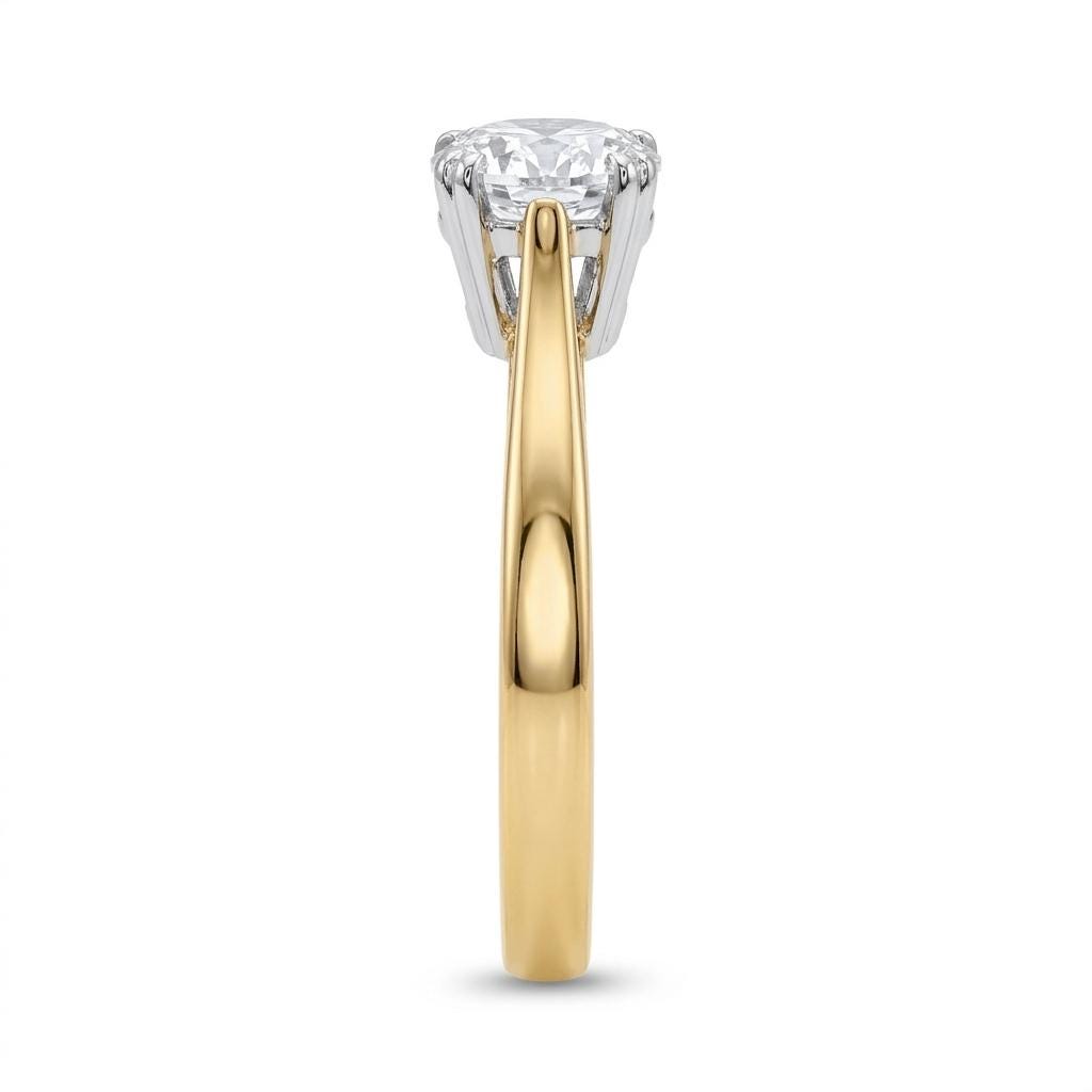Cathedral Style Solitaire Ring: Round Cut Lab Grown Diamond, Two Tone Gold Band image #7