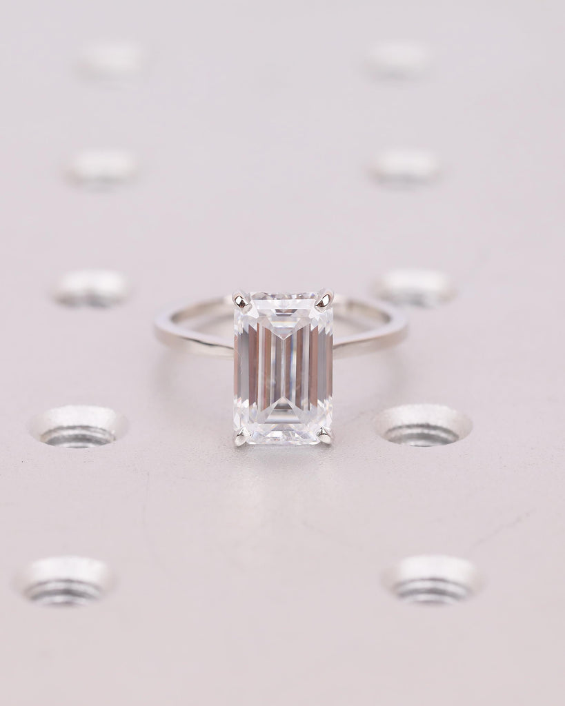 Elongated Emerald Cut Moissanite Ring, Platinum Engagement Ring, Dainty 4 Prong Wedding Rings for Women, Minimalist Handmade Bridal Jewelry image #15
