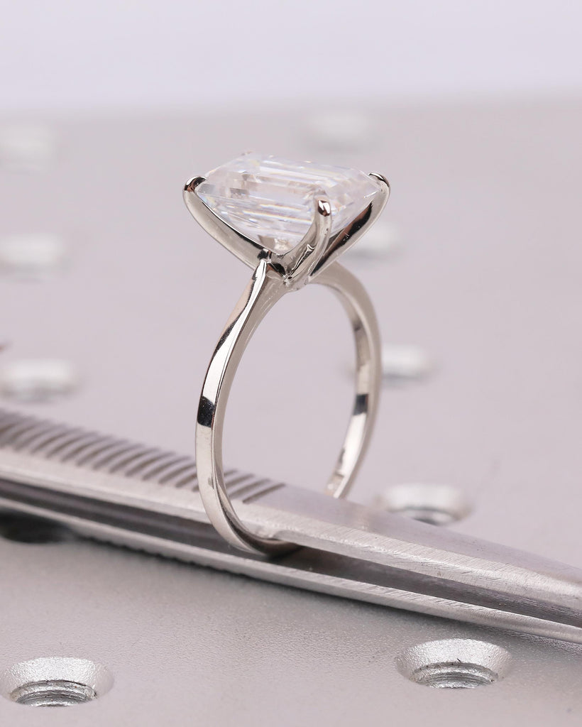 Moissanite Emerald Cut Ring, Platinum Solitaire Engagement Ring, Statement Rings for Women image #16