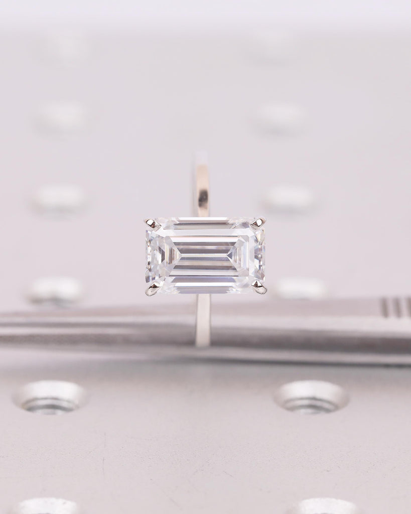 Elongated Emerald Cut Moissanite Ring, Platinum Engagement Ring, Dainty 4 Prong Wedding Rings for Women, Minimalist Handmade Bridal Jewelry image #4