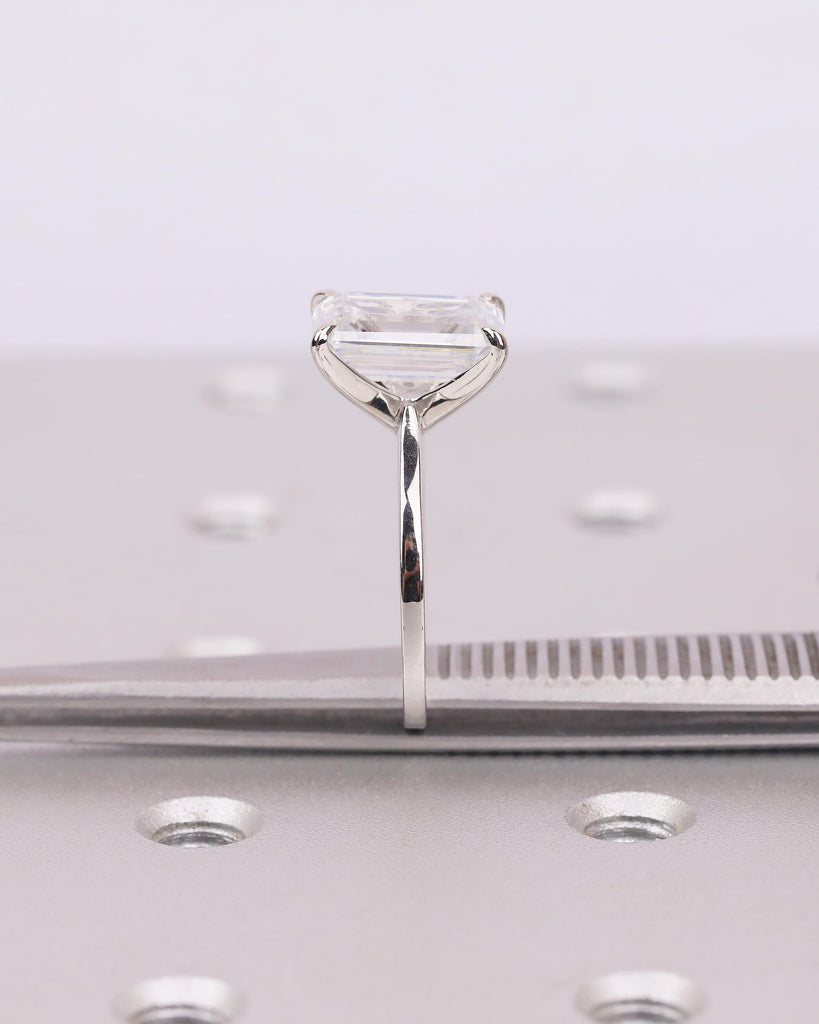 Elongated Emerald Cut Moissanite Ring, Platinum Engagement Ring, Dainty 4 Prong Wedding Rings for Women, Minimalist Handmade Bridal Jewelry image #5