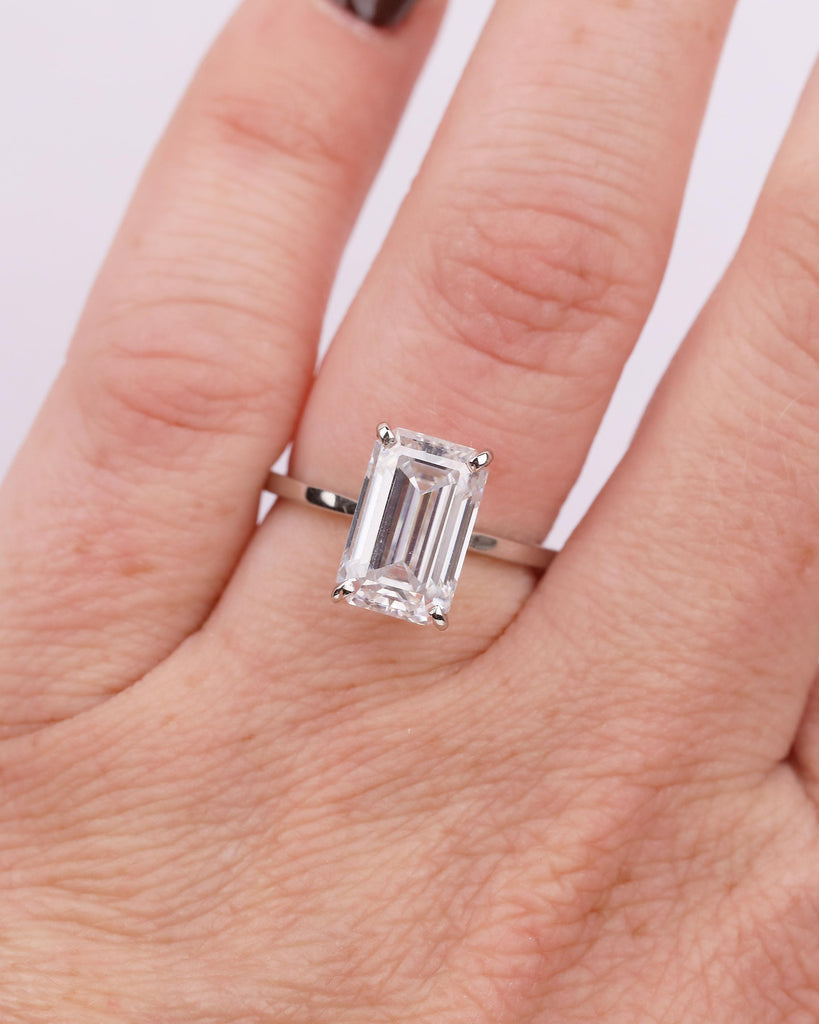 Moissanite Emerald Cut Ring, Platinum Solitaire Engagement Ring, Statement Rings for Women image #1