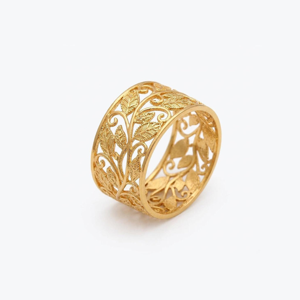 Solid Gold Vine and Leaf Wide Wedding Bands for Women | Custom Vintage Rings Wedding Jewelry image #1