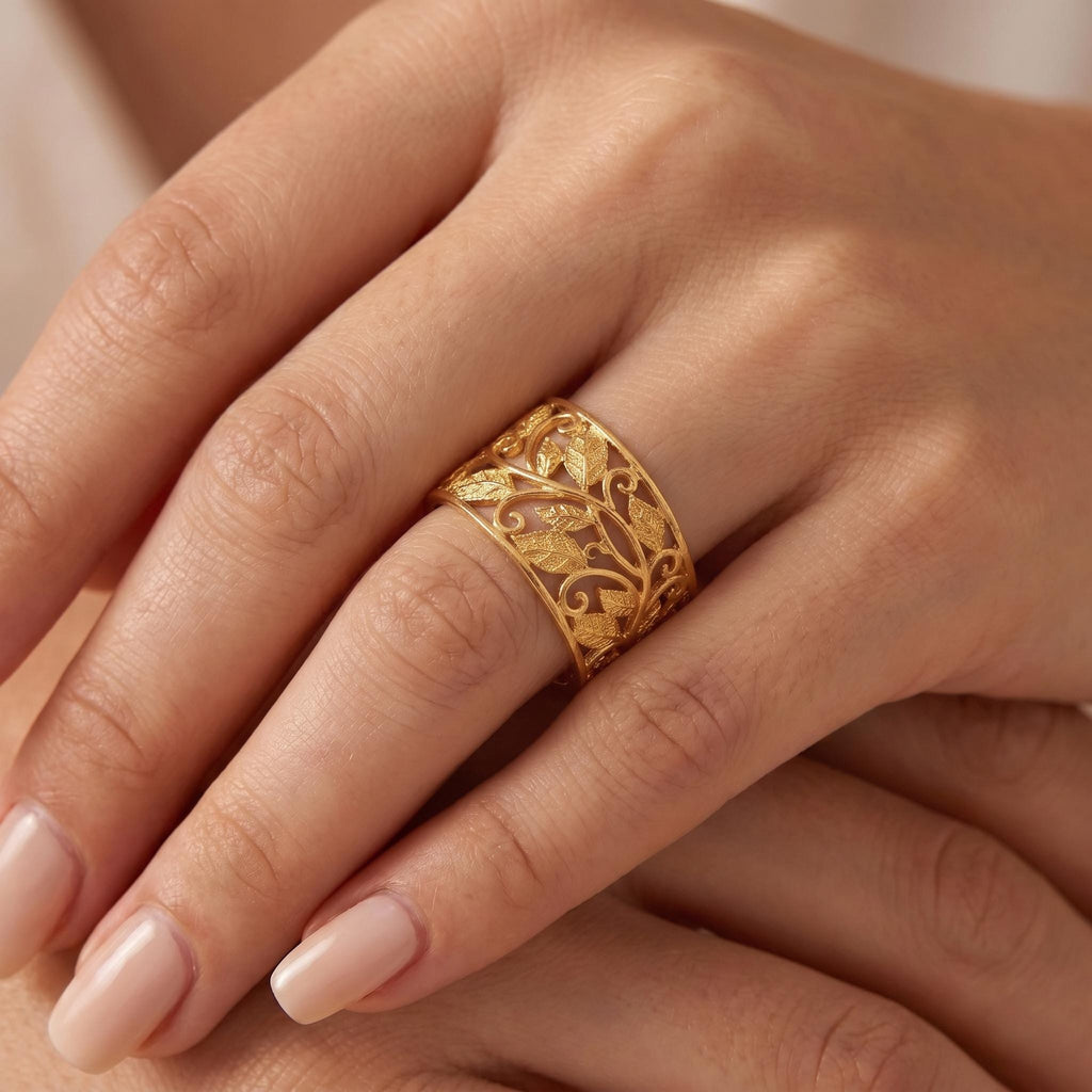 Nature Inspired 14k Yellow Gold Wedding Ring | Unique Statement Ring | Art Deco Birthday, Anniversary Gift for Her image #1