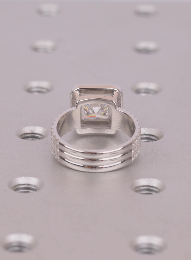 Square Princess Cut Moissanite Halo Ring, 3  Layer Diamond Pave Band Bridal Jewelry, Vintage Art Deco Style Wedding Ring image #5