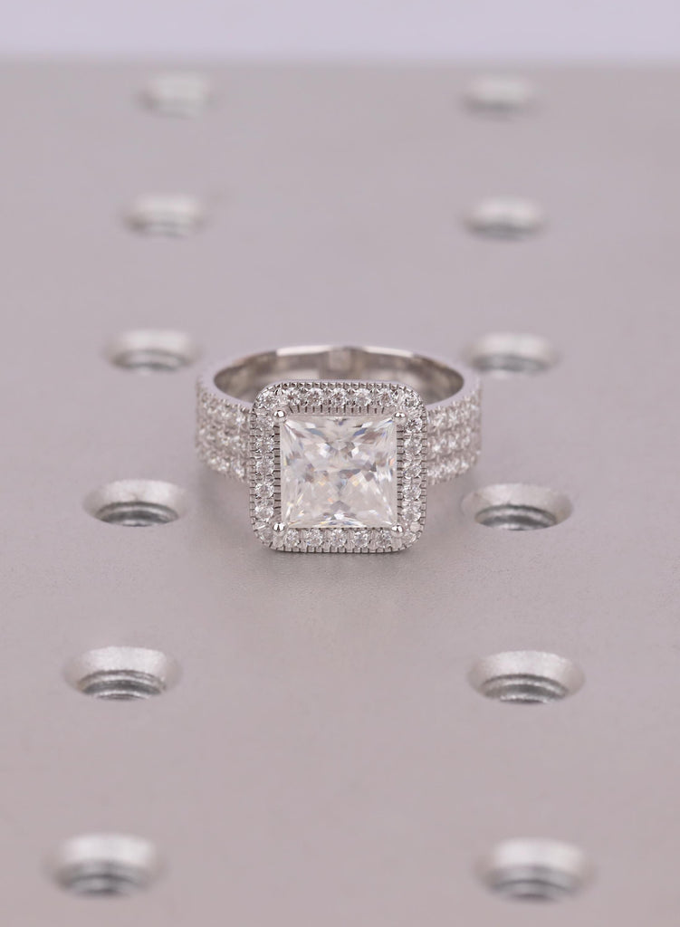 Princess Cut Moissanite Engagement Ring for Women, 14K White Gold Trio Pave Band, Square Halo Wedding Ring, Anniversary Bridal Gift For Her image #3