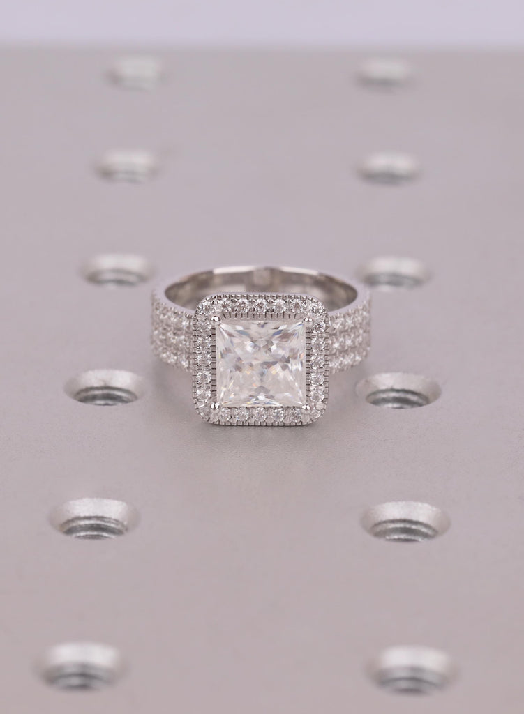Square Princess Cut Moissanite Halo Ring, 3  Layer Diamond Pave Band Bridal Jewelry, Vintage Art Deco Style Wedding Ring image #3