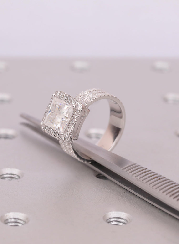 Princess Cut Moissanite Engagement Ring for Women, 14K White Gold Trio Pave Band, Square Halo Wedding Ring, Anniversary Bridal Gift For Her image #11