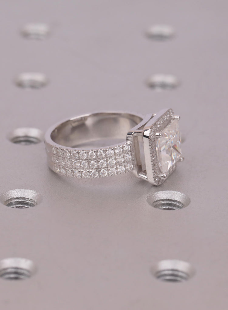 2 Carat Princess Cut Lab Diamond Engagement Ring with Halo, 18K White Gold Triple Row Pavé Wedding Band, Diamond Statement Ring for Her image #5