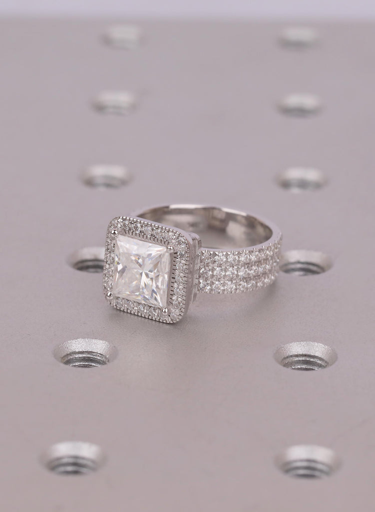 2 Carat Princess Cut Lab Diamond Engagement Ring with Halo, 18K White Gold Triple Row Pavé Wedding Band, Diamond Statement Ring for Her image #8