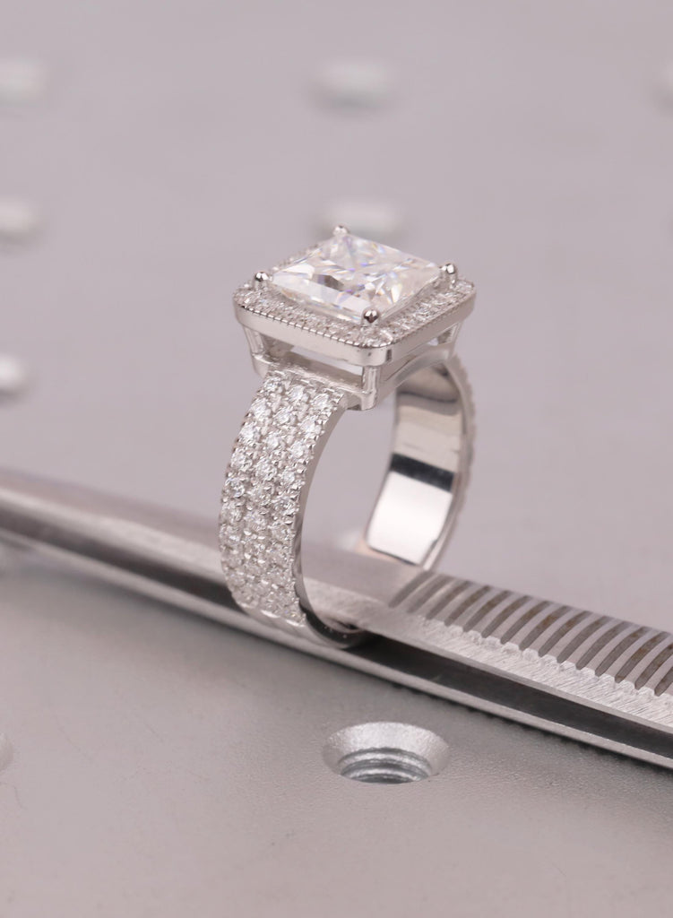 2 Carat Princess Cut Lab Diamond Engagement Ring with Halo, 18K White Gold Triple Row Pavé Wedding Band, Diamond Statement Ring for Her image #13
