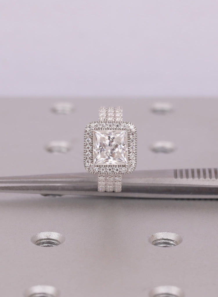 14K/18K Solid Gold Engagement Ring, 2ct Princess Cut Diamond, 3 Row Pave Diamond Band image #14