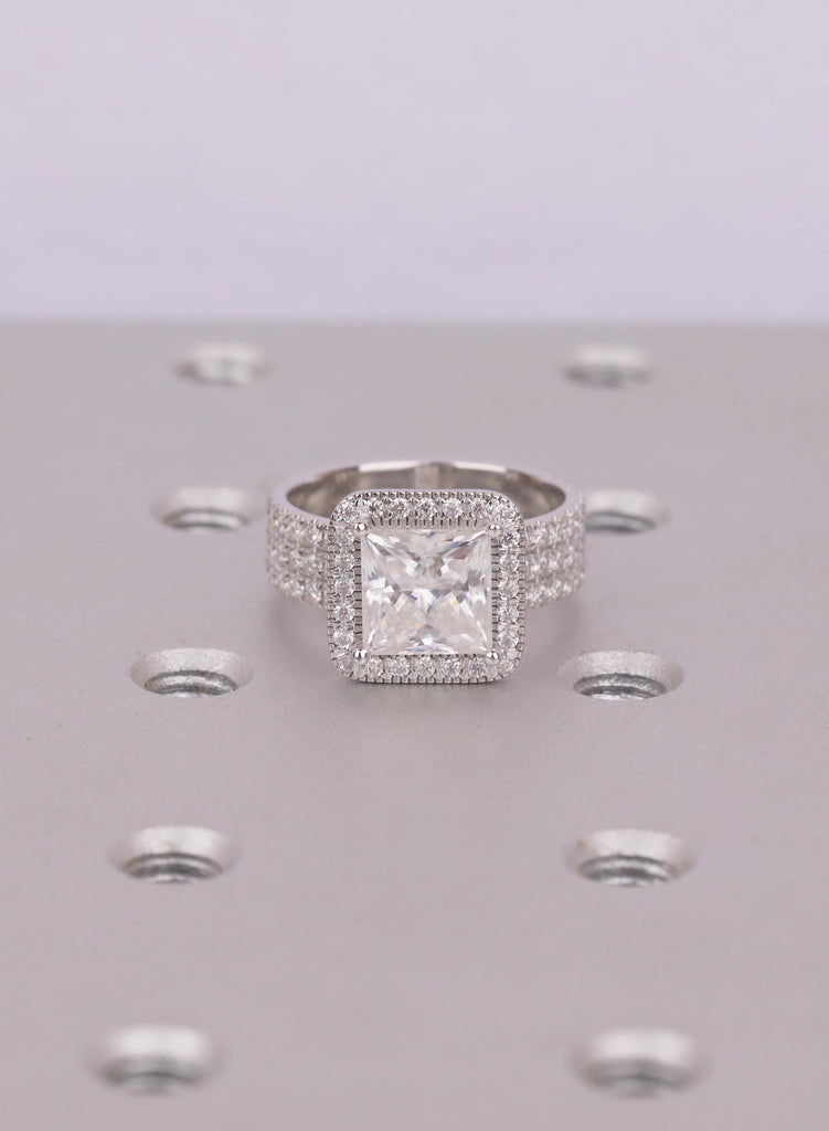 Princess Cut Moissanite Engagement Ring for Women, 14K White Gold Trio Pave Band, Square Halo Wedding Ring, Anniversary Bridal Gift For Her image #1