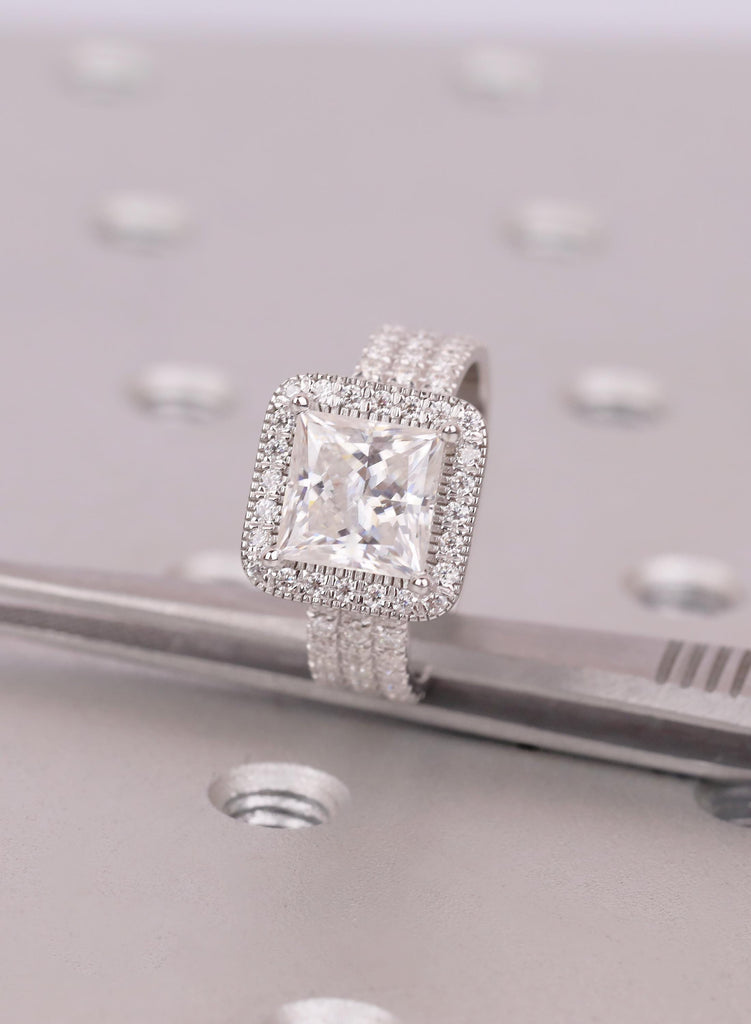2 Carat Princess Cut Lab Diamond Engagement Ring with Halo, 18K White Gold Triple Row Pavé Wedding Band, Diamond Statement Ring for Her image #1