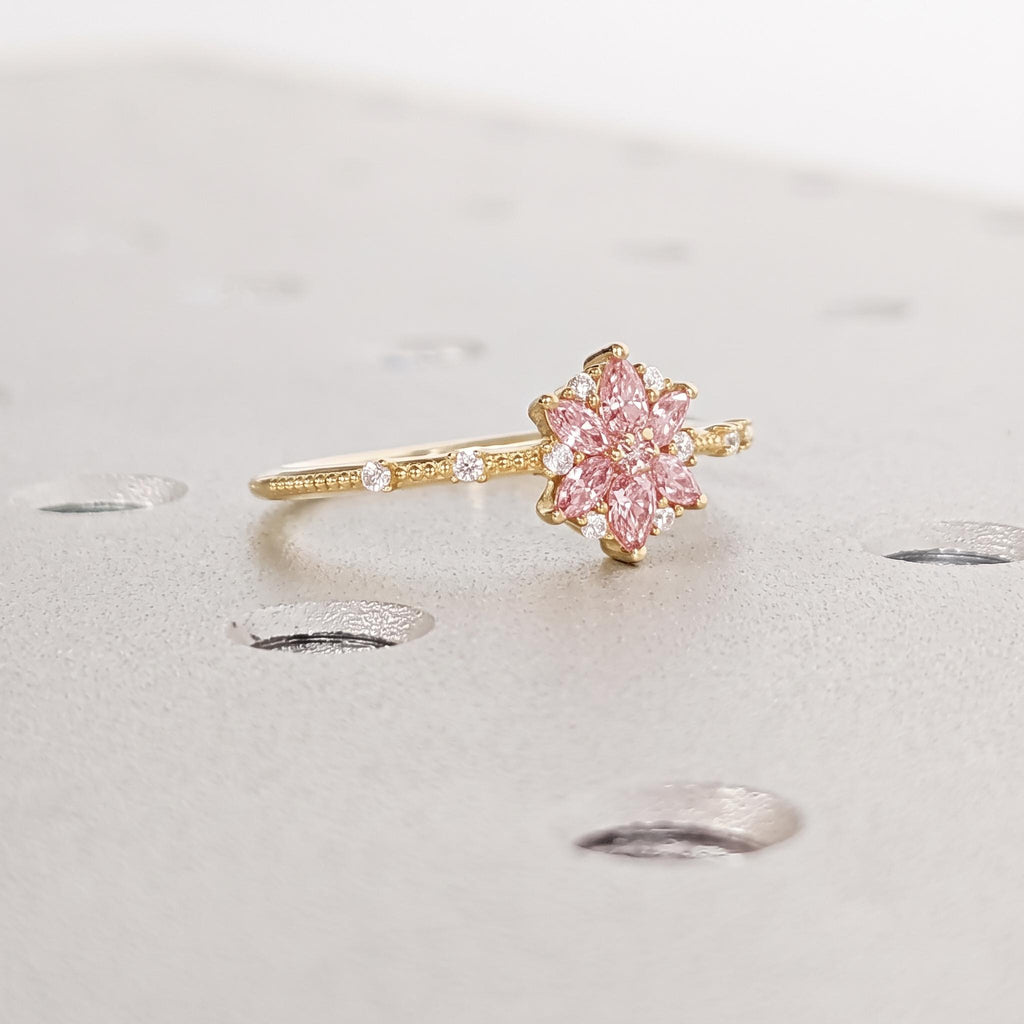 Pink Lab Grown Diamond Engagement Ring | 14K/18K Gold Flower Cluster Ring | Daisy Flower Ring | Dainty Floral Promise Ring for Her image #3