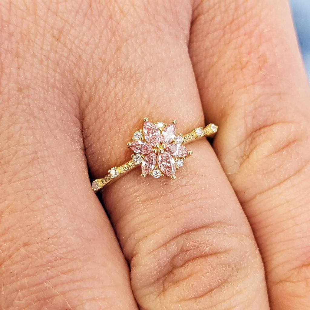 Solid Yellow Gold Pink Gemstone Floral Proposal Rings for Women | Delicate Lab Diamond Ring BOHO Wedding Anniversary Gift image #3