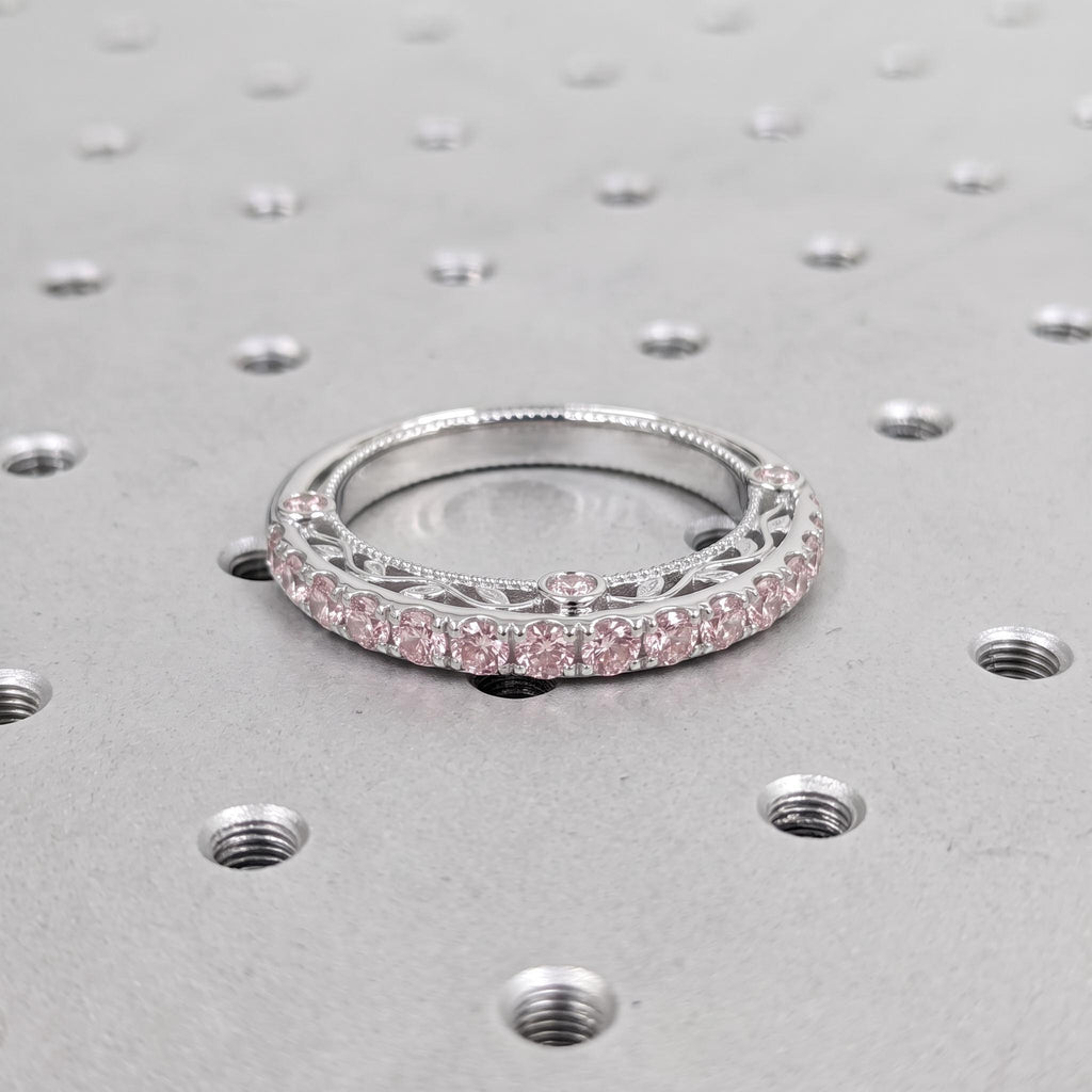 Pink Diamond Wedding Bands for Women | Vintage Milgrain Lab Diamond Eternity Band | Filigree Gold Ring Anniversary Gift for Her image #5
