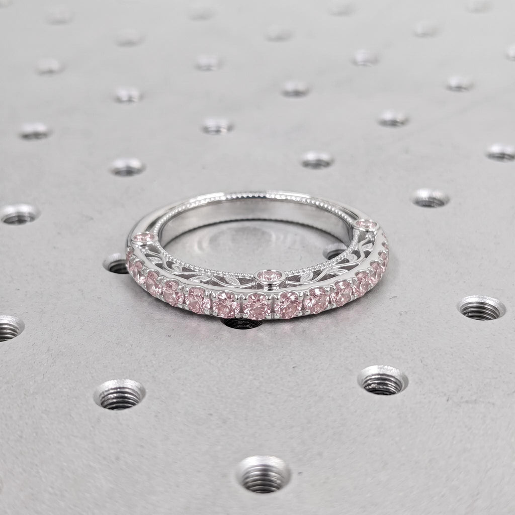14k/18k White Gold Pink Gemstone Antique Engagement Ring | Lab Grown Diamond Half Eternity Wedding Ring | Handmade Filigree Jewelry image #5
