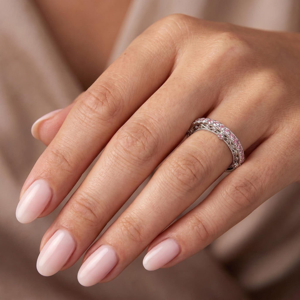 Pink Diamond Wedding Bands for Women | Vintage Milgrain Lab Diamond Eternity Band | Filigree Gold Ring Anniversary Gift for Her image #2