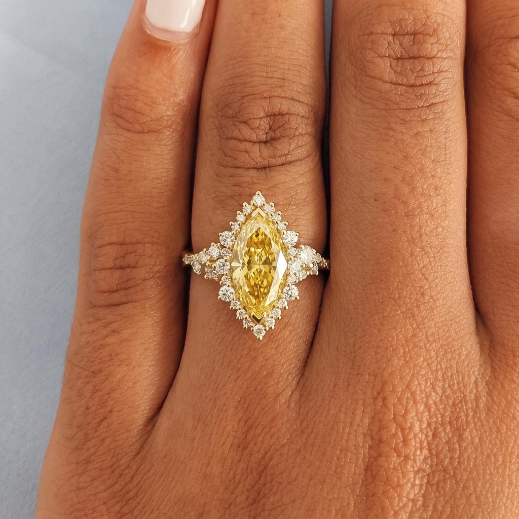 Yellow Moissanite Marquise Engagement Ring | 14k Yellow Gold Sparkly Star Burst Halo Ring | Diamond Cluster Halo Statement Ring Gift For Her image #4
