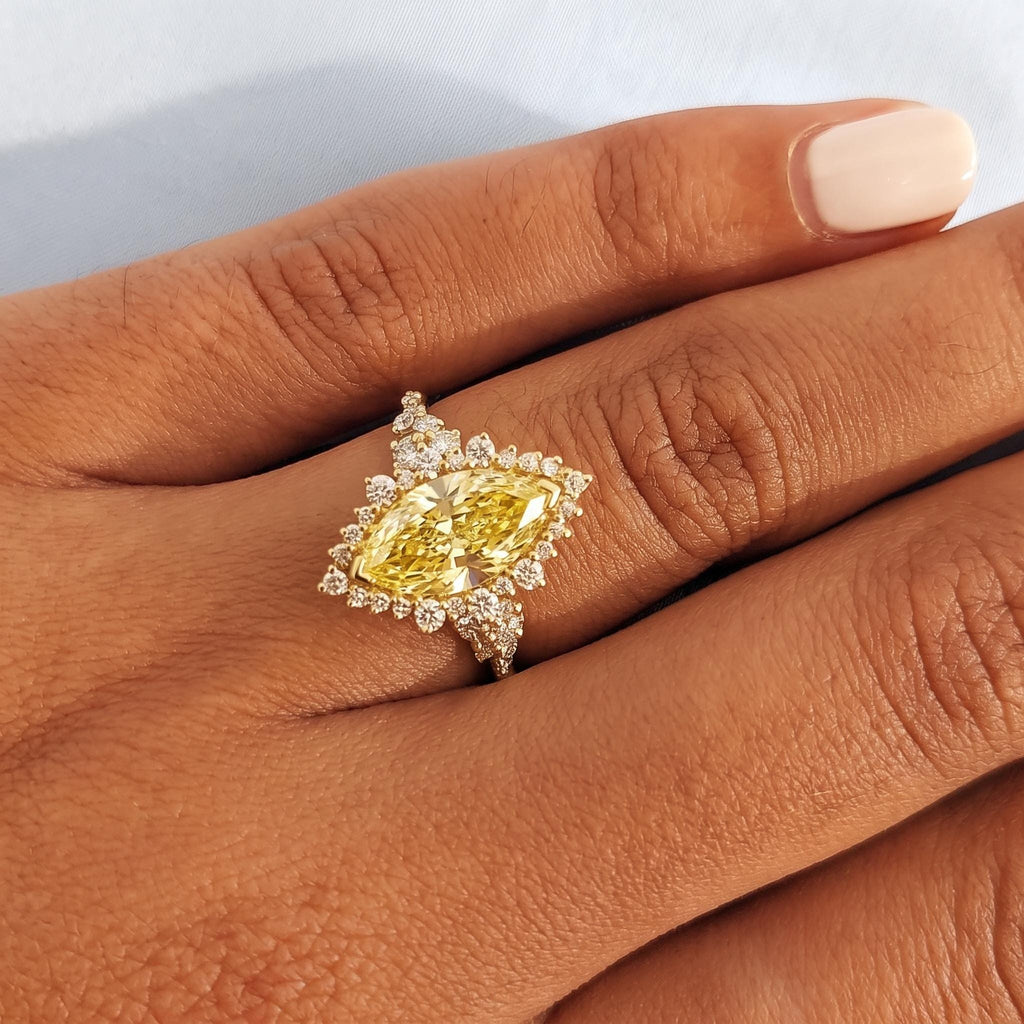 Yellow Moissanite Marquise Engagement Ring | 14k Yellow Gold Sparkly Star Burst Halo Ring | Diamond Cluster Halo Statement Ring Gift For Her image #1