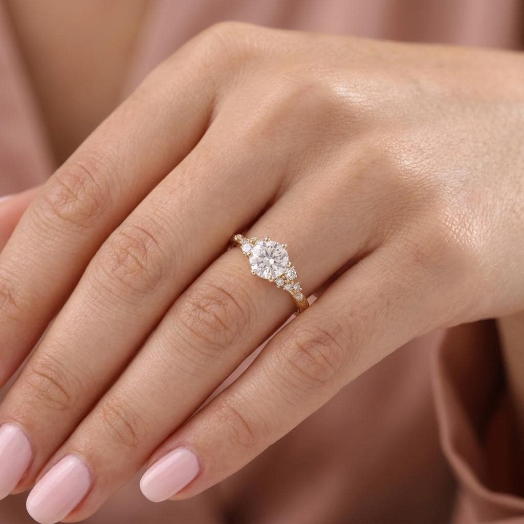 14k Gold Round Moissanite Ring, Art Deco Engagement Ring, Hand-Engraved Olive Leaf, Diamond Cluster image #1