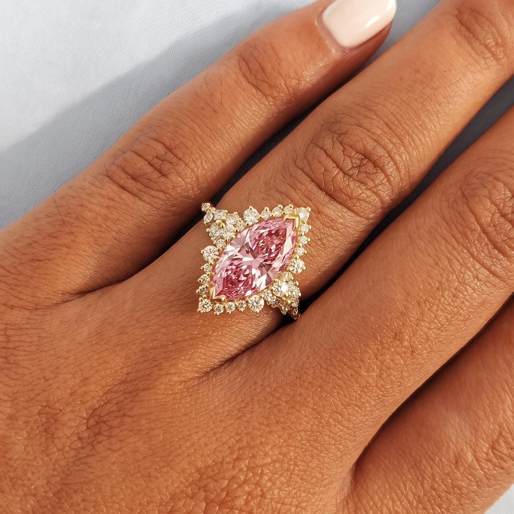 Sunburst Pink Diamond Halo Engagement Ring | 14k Yellow Gold Lab Diamond Cluster Ring | Unique Anniversary Gift for Her image #2