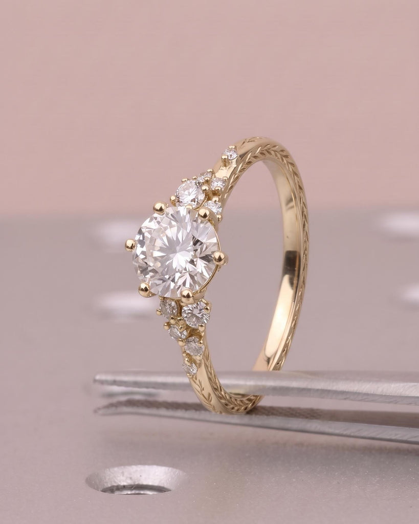 0.5-4ct Round Moissanite Engagement Ring, Hand Engraved 14k Solid Gold Olive Leaf Ring, Diamond Cluster Wedding Rings, Unique Nature Jewelry image #1