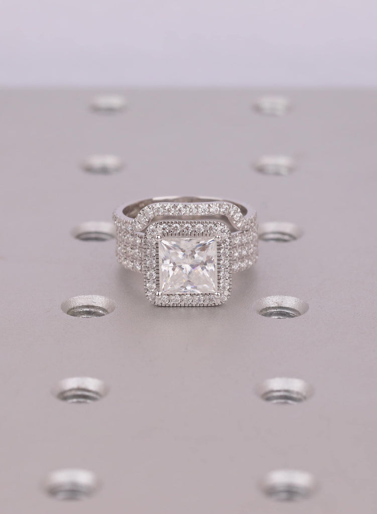 Princess Cut Moissanite Halo Engagement Ring Set, 18K White Gold, Curved Band image #3