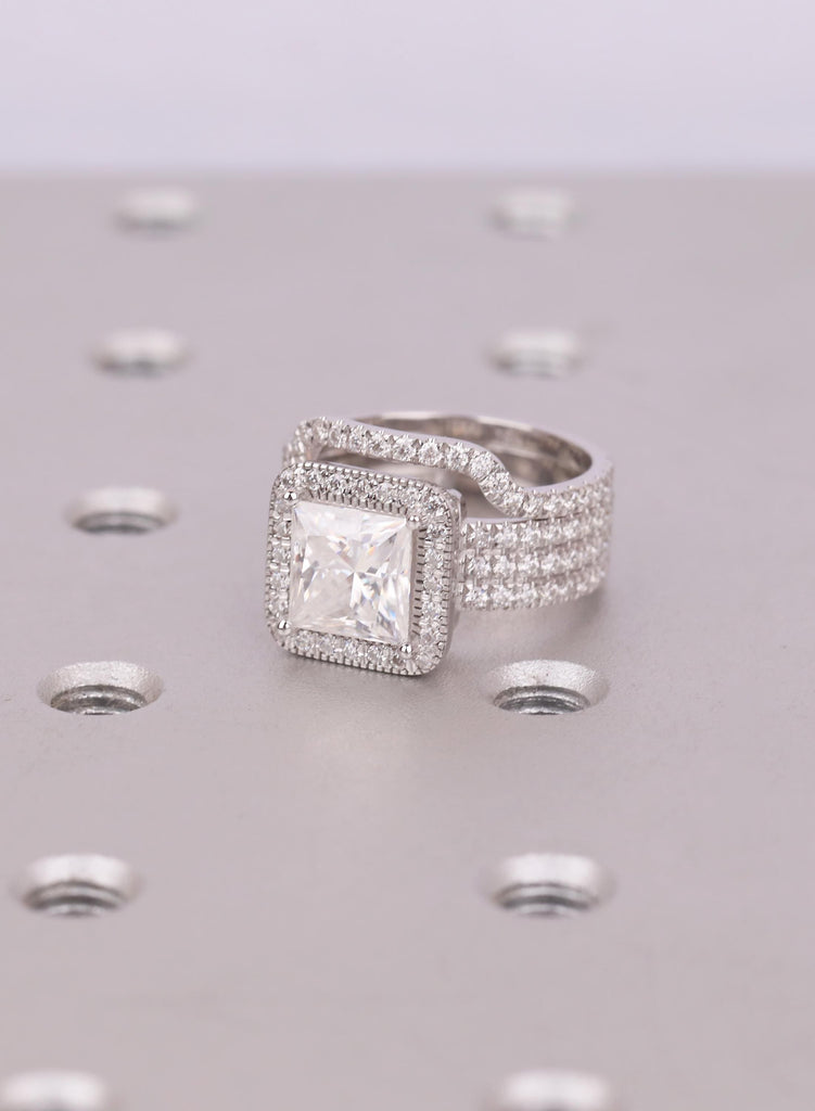 Princess Cut Moissanite Halo Engagement Ring Set, 18K White Gold, Curved Band image #7