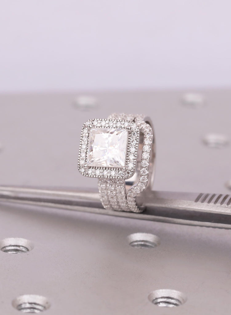 Engagement Ring Set, Princess Cut Moissanite, Natural Diamond Halo, Bridal Set, 18K Gold Curved Wedding Band, Wedding Ring Set, Gift for Her image #8