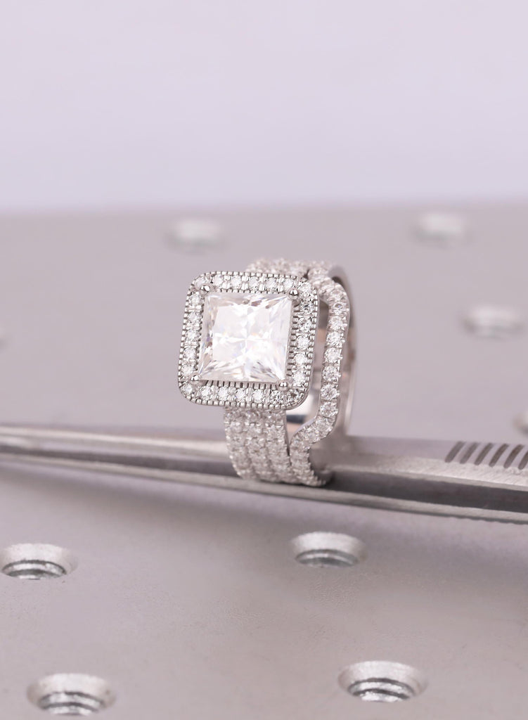 2pcs Bridal Ring Set: Moissanite Engagement Ring, Princess Cut Moissanite, 18K White Gold, Lab Diamond Halo image #10