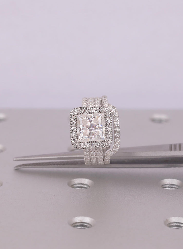 2pcs Bridal Ring Set: Moissanite Engagement Ring, Princess Cut Moissanite, 18K White Gold, Lab Diamond Halo image #2