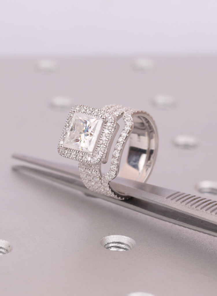 Engagement Ring Set, Princess Cut Moissanite, Natural Diamond Halo, Bridal Set, 18K Gold Curved Wedding Band, Wedding Ring Set, Gift for Her image #9