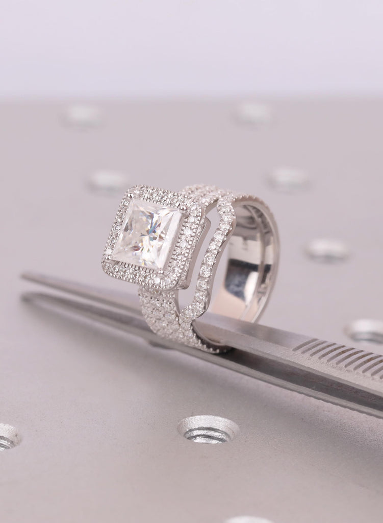 Moissanite Bridal Set, Princess Cut Halo Engagement Ring with Lab Diamond Accents, Pave Wedding Band Set, Art Deco Ring, Proposal Ring image #9