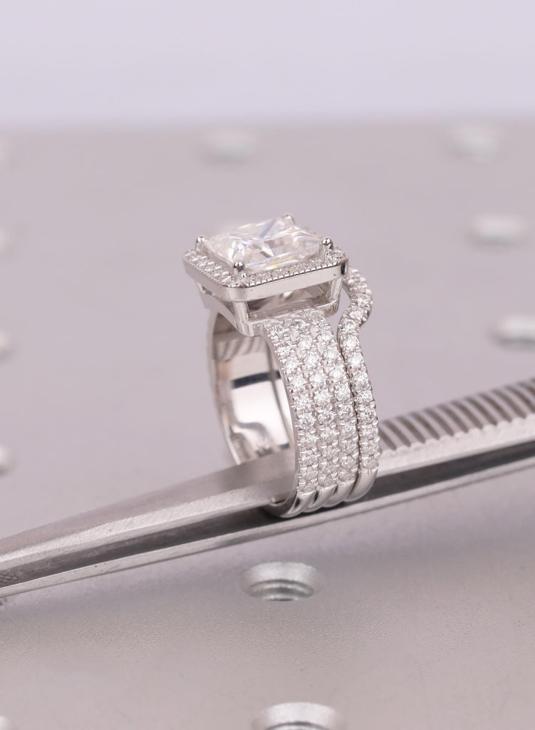 Princess Cut Moissanite Halo Engagement Ring Set, 18K White Gold, Curved Band image #12
