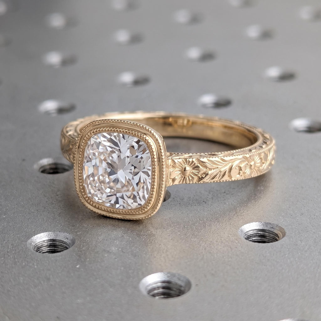 14k Gold Lab Created Diamond Bezel Ring, Milgrain Vintage Style Engagement Ring, Heirloom Inspired Promise Rings, Floral Engraved Jewelry image #3
