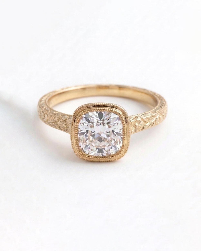 Floral Engraved Moissanite Engagement Ring, Vintage Inspired 14k Yellow Gold Milgrain Bezel Ring image #5