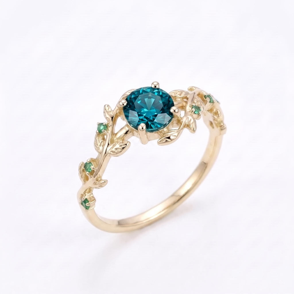 1ct Teal Sapphire and Emerald Engagement Rings for Women | 14k Yellow Gold Olive Leaf Ring | Unique Bridal Jewelry image #3
