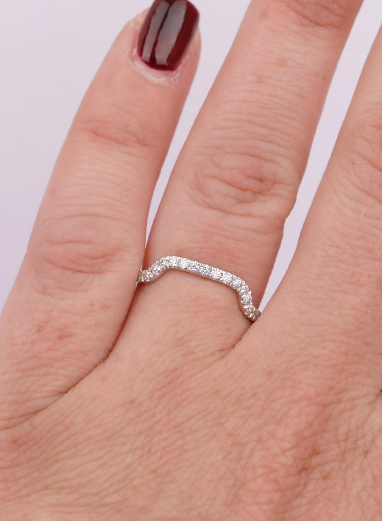 Diamond Contour Wedding Band White Gold, Curved Wave Ring for Women, Chevron Stacking Band, Floating Diamond Ring, Wedding Promise Ring Gift image #2